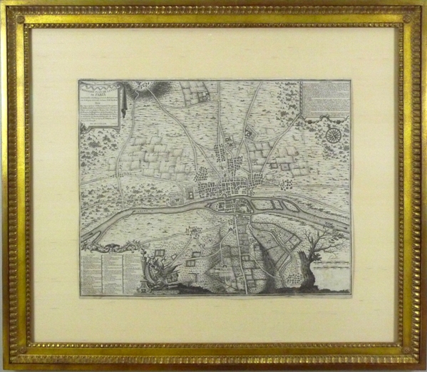 Antique map of Paris custom framed