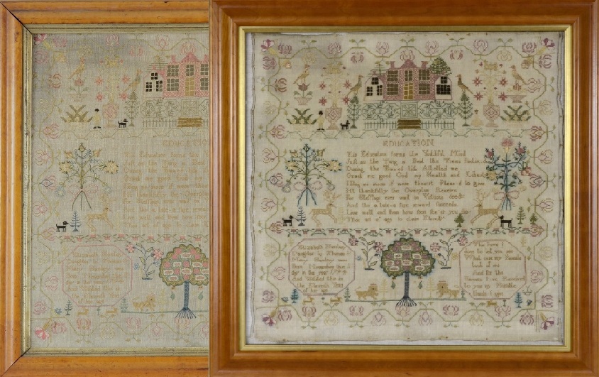 needlewor, sampler before and after and with new custom frame