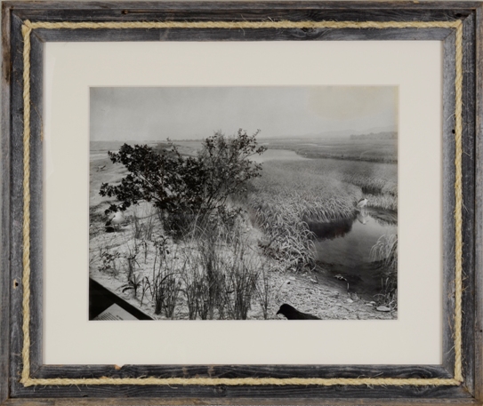 Aged barnwood frame with rope for an antique photo of the Connecticut salt marshes